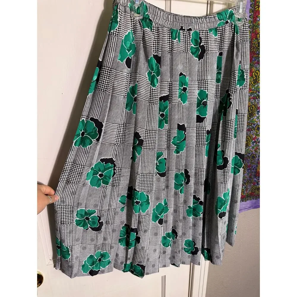 Vintage 80s Fink Modell 2 Piece Skirt Blouse Set Green Floral Plaid Size 40/L
